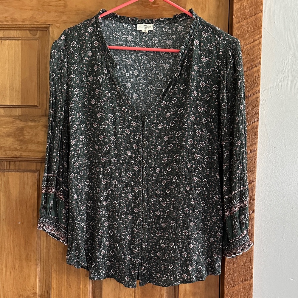 Floral V-Neck Blouse - Dark Green